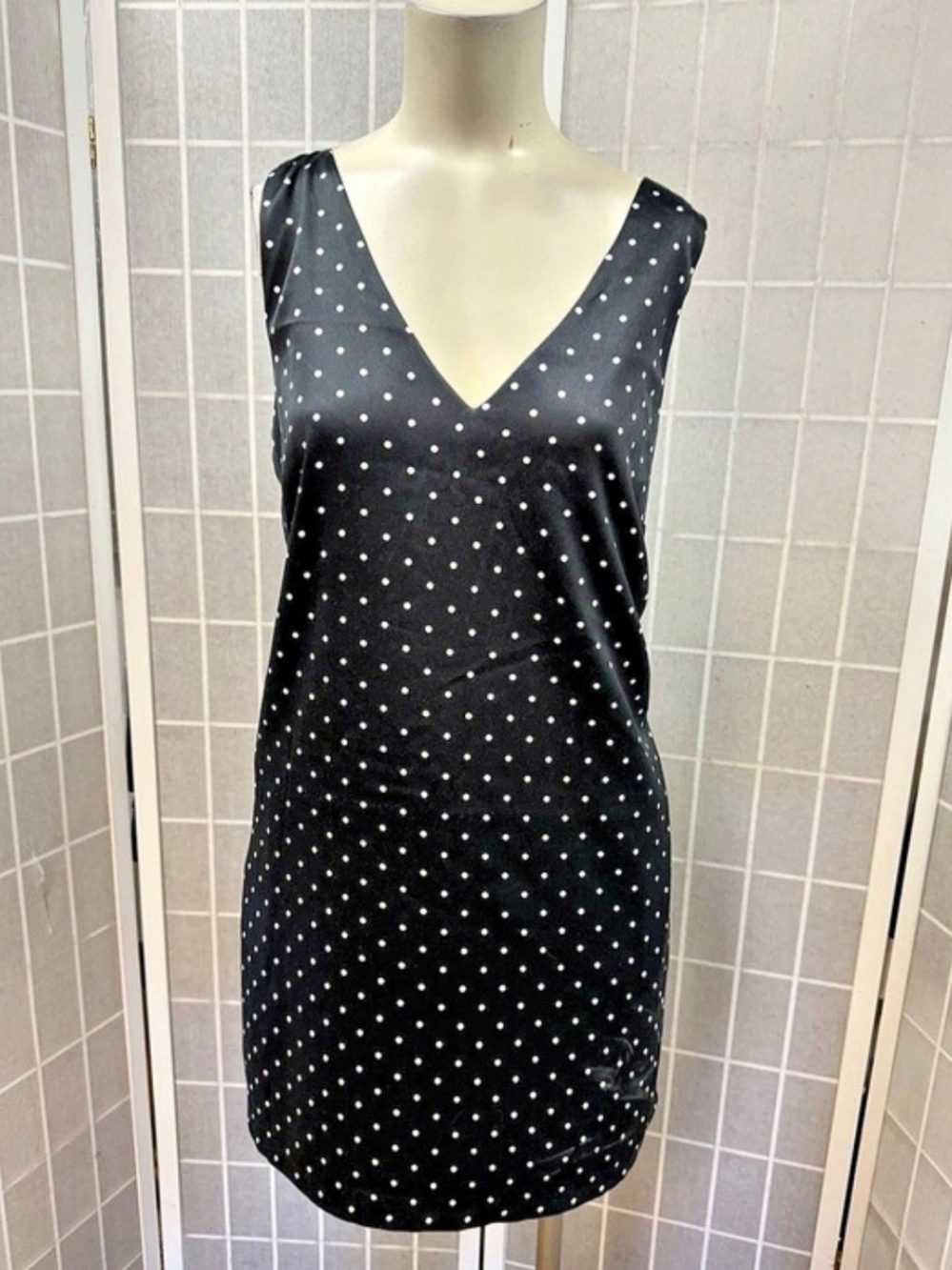 WAYF Polka Dot Mini Dress Black White Back Bow Size L NWT
